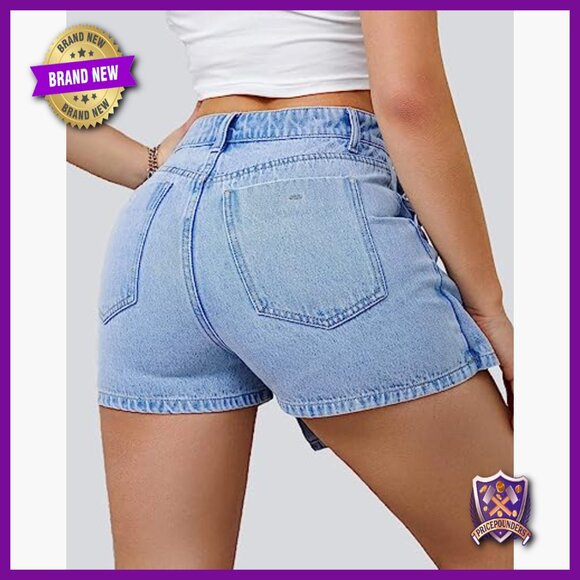 High Waisted Stretchy Denim Skort Asymmetrical Mini with Shorts - Picture 2 of 7